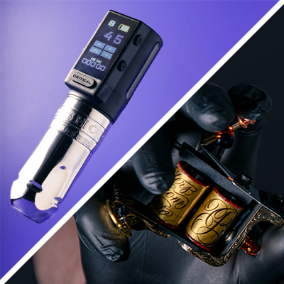 A split image of a rotary tattoo machine with a purple background, and a component of a coil machine held by someone wearing black latex gloves.