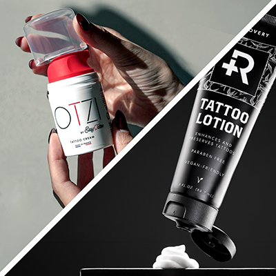 A close up on Otzi and Recovery Tattoo Lotion