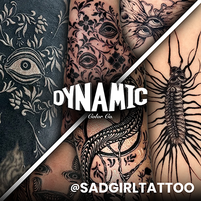 A collage of healed tattoos done with Dynamic Tattoo Ink by Sad Girl Tattoo (Jasper Jarvis)
