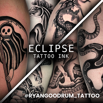 A collage of healed tattoos done with Eclipse Tattoo Ink by Ryan Goodrum