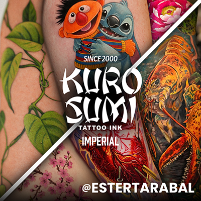 A collage of healed tattoos done with Kuro Sumi Imperial by Ester Tarabal