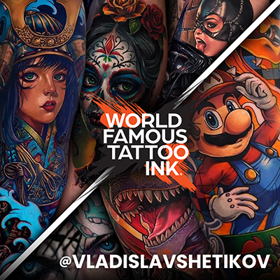 A collage of healed tattoos done with World Famous Tattoo Ink by Vladislav Shetikov