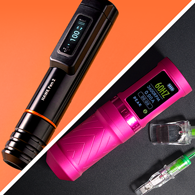 A split image of a black Cheyenne HAWK Pen 2 with an orange background, and a pink Peak Solice Pro 3 machine with a cartridge next to it.