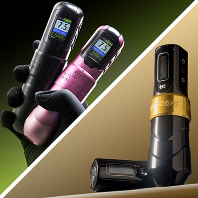 A split image with someone holding a black and pink Peak rotary tattoo machine while wearing black latex gloves, and another black rotary machine with a gold background.