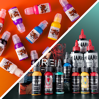 Bottles of World Famous Ink and Dynamic tattoo inks with an orange and blue background
