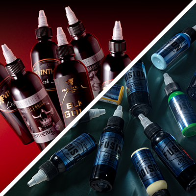 Bottles of Panthera and Fusion tattoo inks on a red and blue background