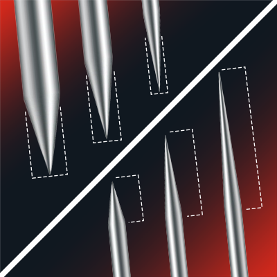 A close up shot of single tattoo needles and their different taper lengths.
