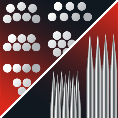 A split image of how the different tattoo needle configurations look, and a close-up shot of a couple of those needle configurations.