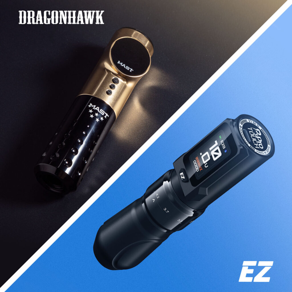 The DragonHawk Mast tattoo machine with a black background and the EZ P3 Pro tattoo machine with a blue background.