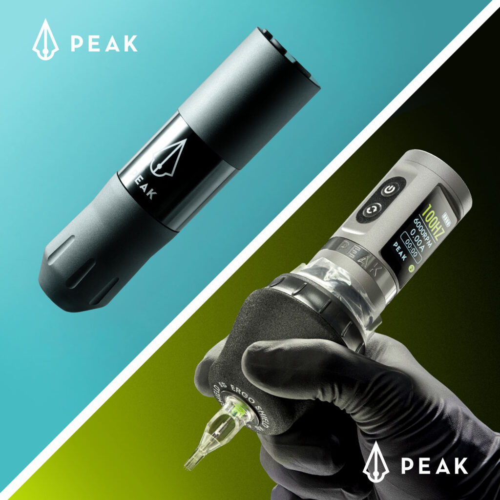 The Peak S1MP tattoo machine with a blue background and the Peak Solice tattoo machine with a gradient green to black background.