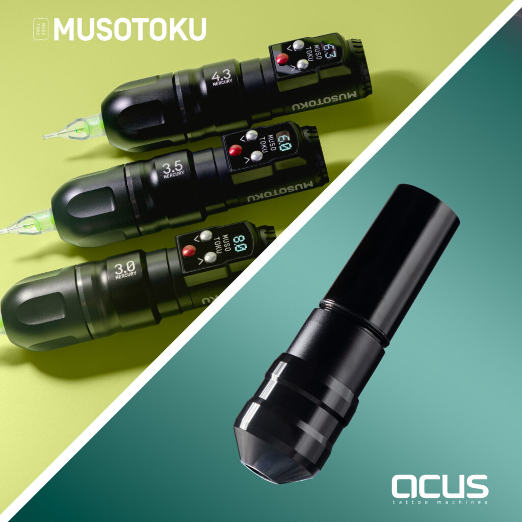 The Musotoku Mercury M-1 tattoo machine with a green background and the ACUS M2 tattoo machine with a teal background.