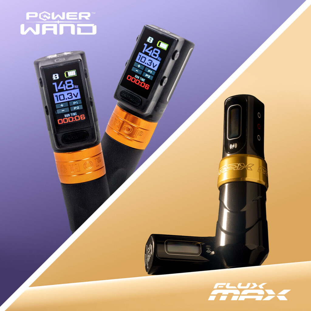 The Bishop Power Wand tattoo machine with a purple background and the FK Irons Flux Max tattoo machine with a gold background.
