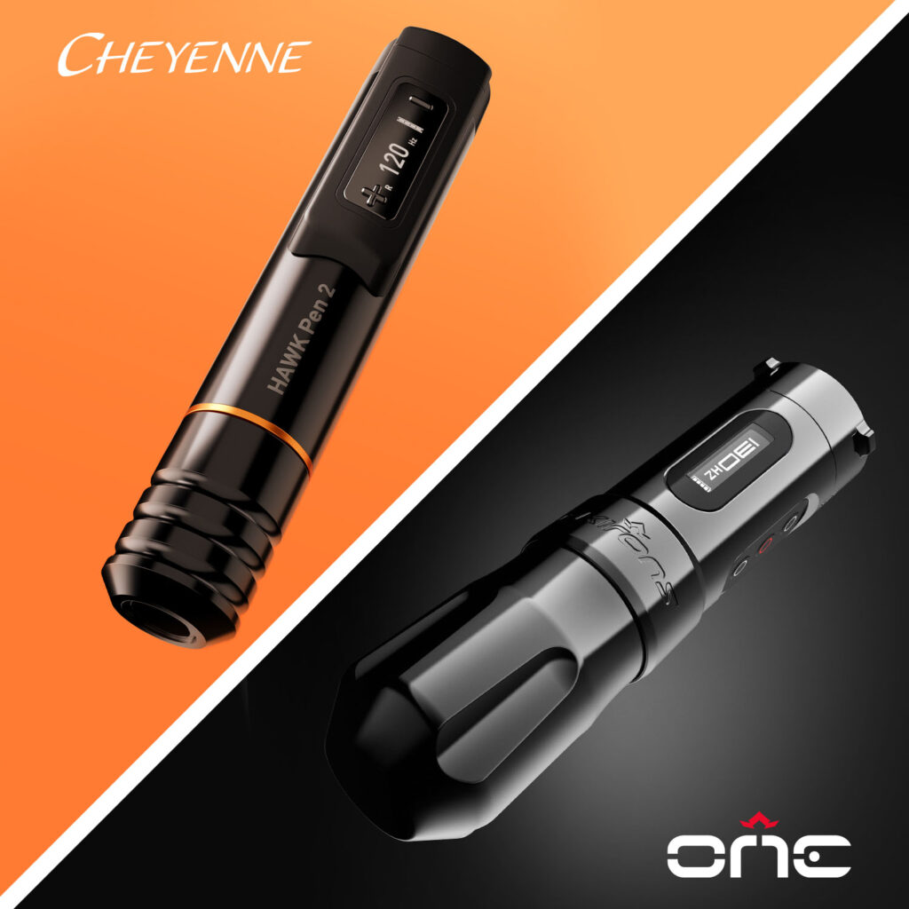 The Cheyenne Hawk 2 tattoo pen machine with an orange background and the FK Irons One tattoo machine with a black background.