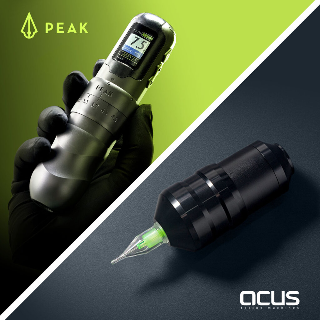 The Peak Solice tattoo machine with a green background and the ACUS C2 tattoo machine with a black background.