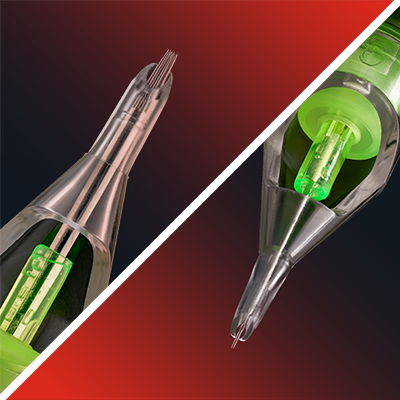 Two close-up shots of a needle configuration in a cartridge. 