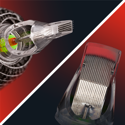 Two close-up shots of a flat needle configuration in a cartridge. 