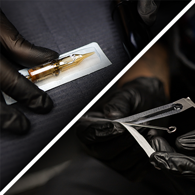 A split image of a tattoo cartridge and a tattoo needle.