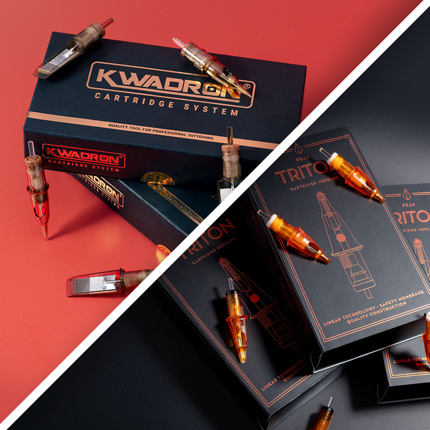 Boxes of Kwadron and Peak Triton cartridges stacked on top of each other
