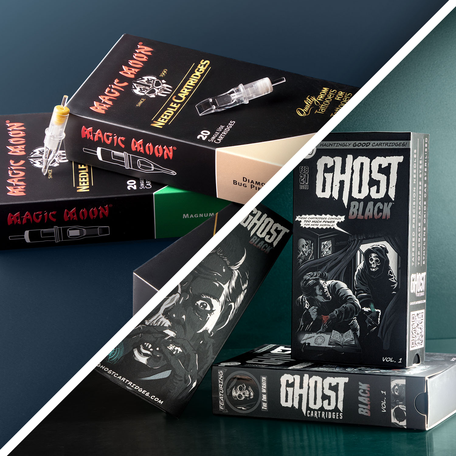 Boxes of Magic Moon and Ghost cartridges stacked on top of each other