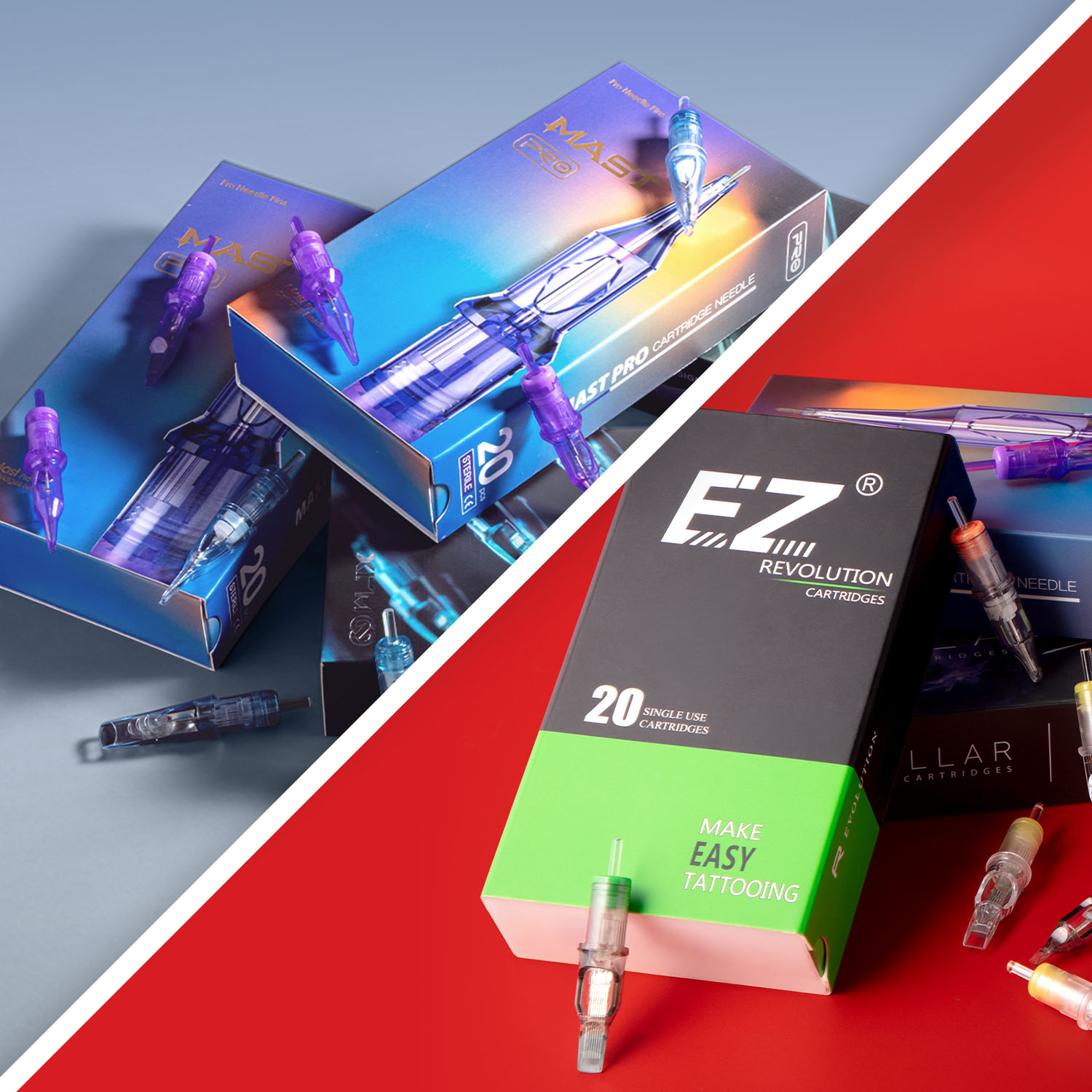 Boxes of Dragonhawk Mast Pro and EZ Revolution cartridges stacked on top of each other