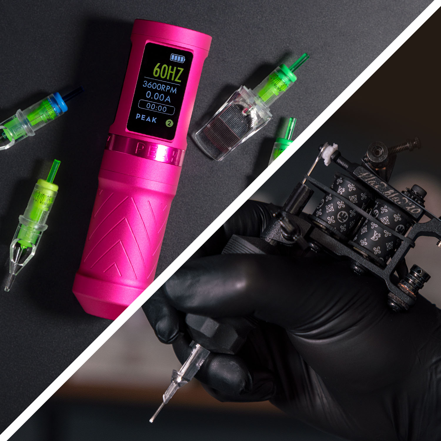A pink rotary tattoo machine and a black coil machine 
