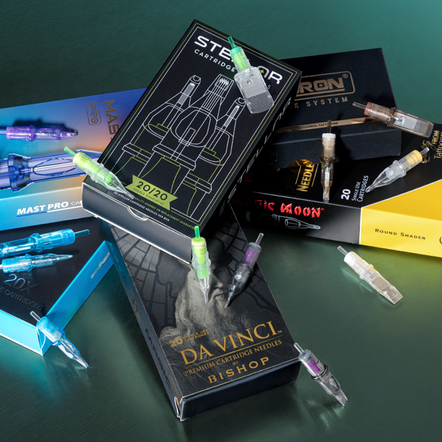 Boxes of Peak Stellar, Dragonhawk Mast Pro, Kwadron, Magic Moon, and Bishop Da Vinci cartridges stacked on top of each other