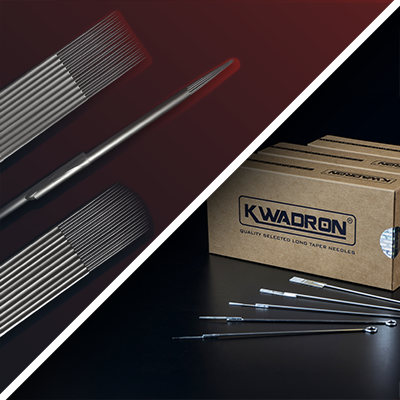 A split image of Killer Ink needles and Kwadron needles of multiple configurations.