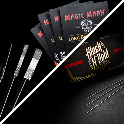 A split image of Magic Moon needles and Black N Gold needles of multiple configurations.