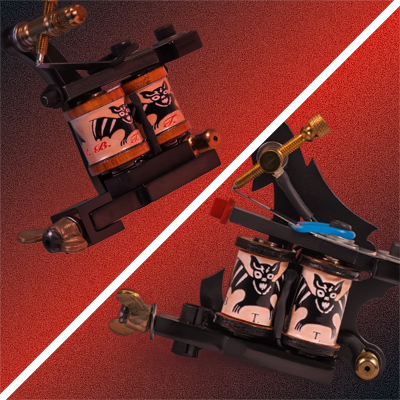A mix of coil tattoo machines on a red and black background
