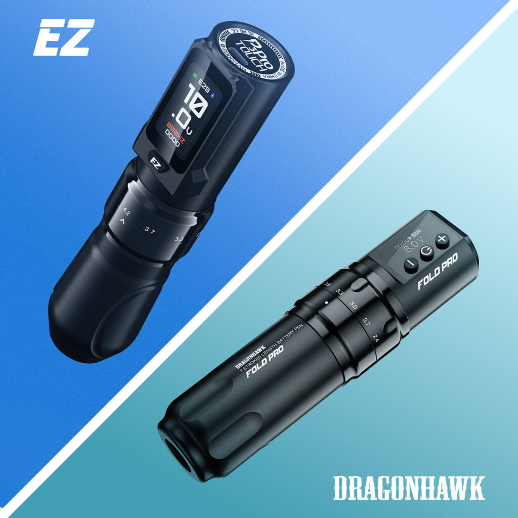 The EZ P3 Pro Touch and the Dragonhawk Fold Pro tattoo pen machine.