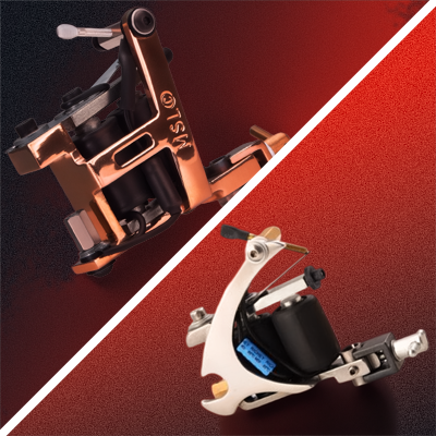 Nemesis and Micky Sharpz tattoo machines with a black and red background