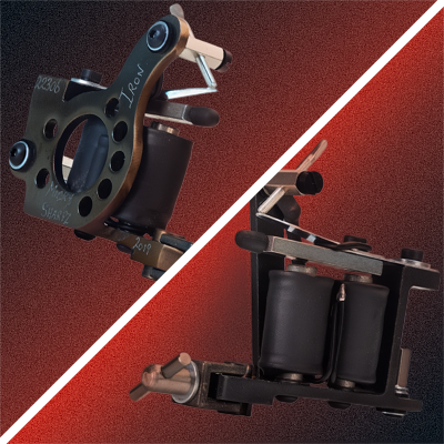 Nemesis and Micky Sharpz tattoo machines with a black and red background
